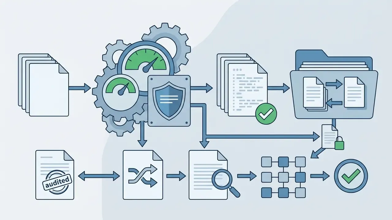 Document flow through gears and a shield to versioned folders and audited data analysis steps