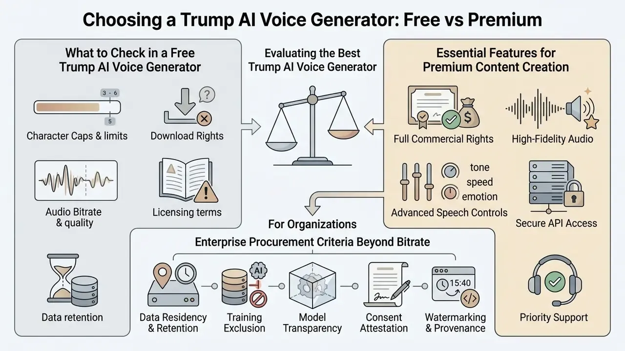 Comparison chart weighing free versus premium features for digital speech software and enterprise needs