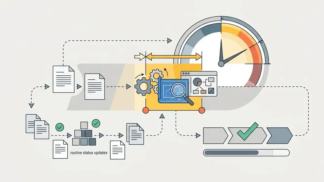 Documents and status updates feeding into a clock-timed gear mechanism for project synchronization