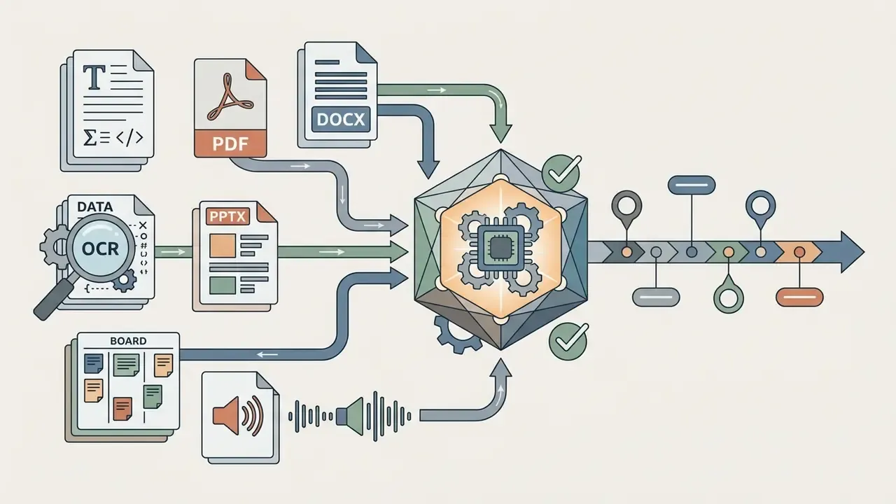 Various document and media file types flowing into a central processing hub to create a visual timeline
