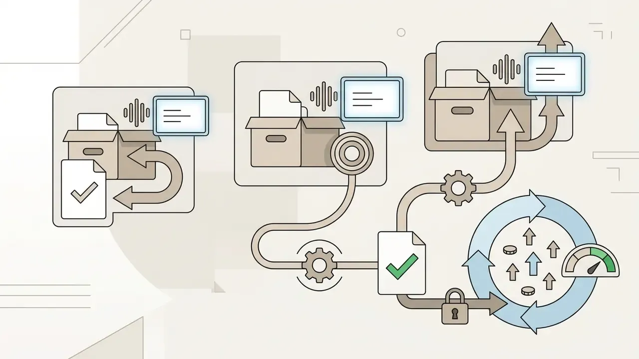 Boxes and documents moving through gears toward a circular cycle of monetization and performance tracking