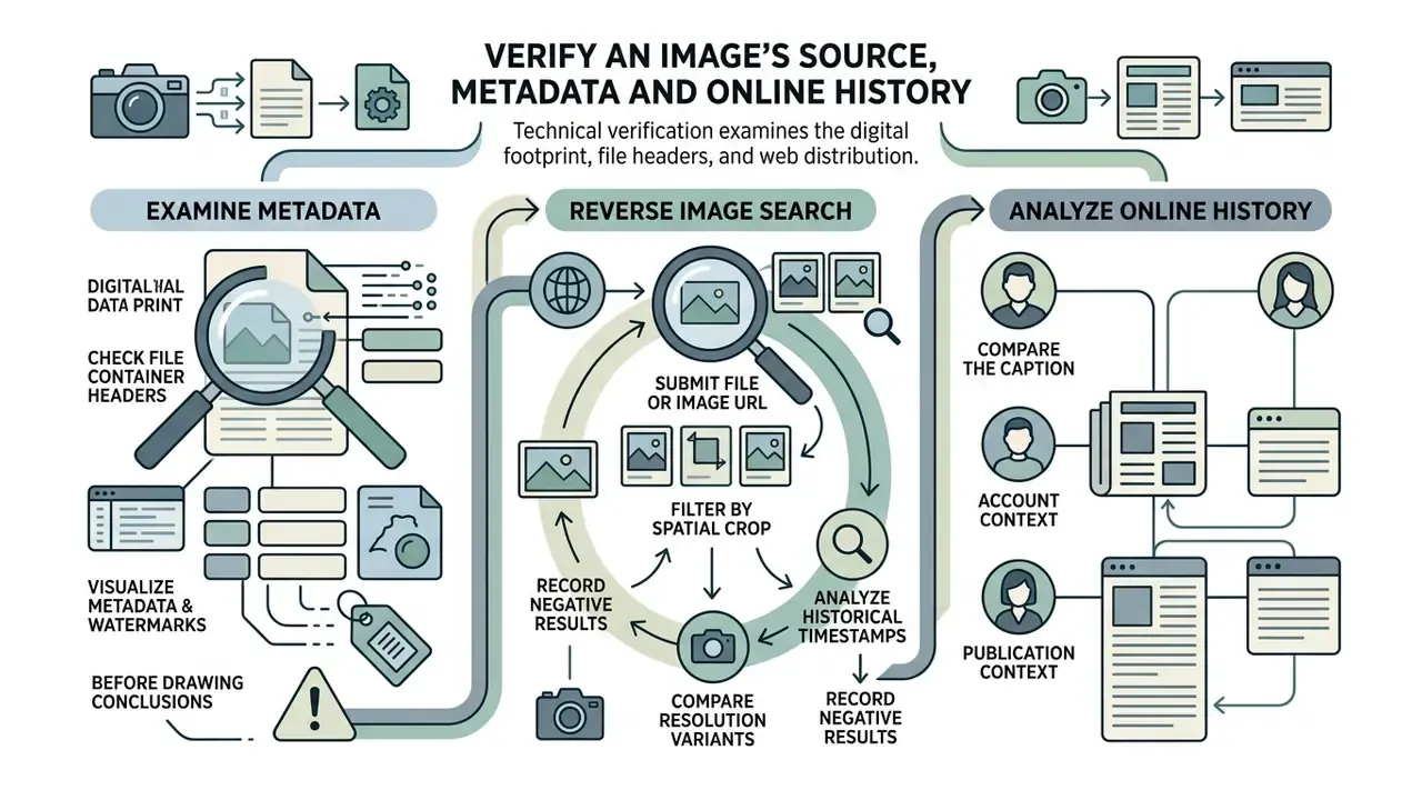 Flowchart outlining steps to verify an image through metadata analysis, reverse image search, and history