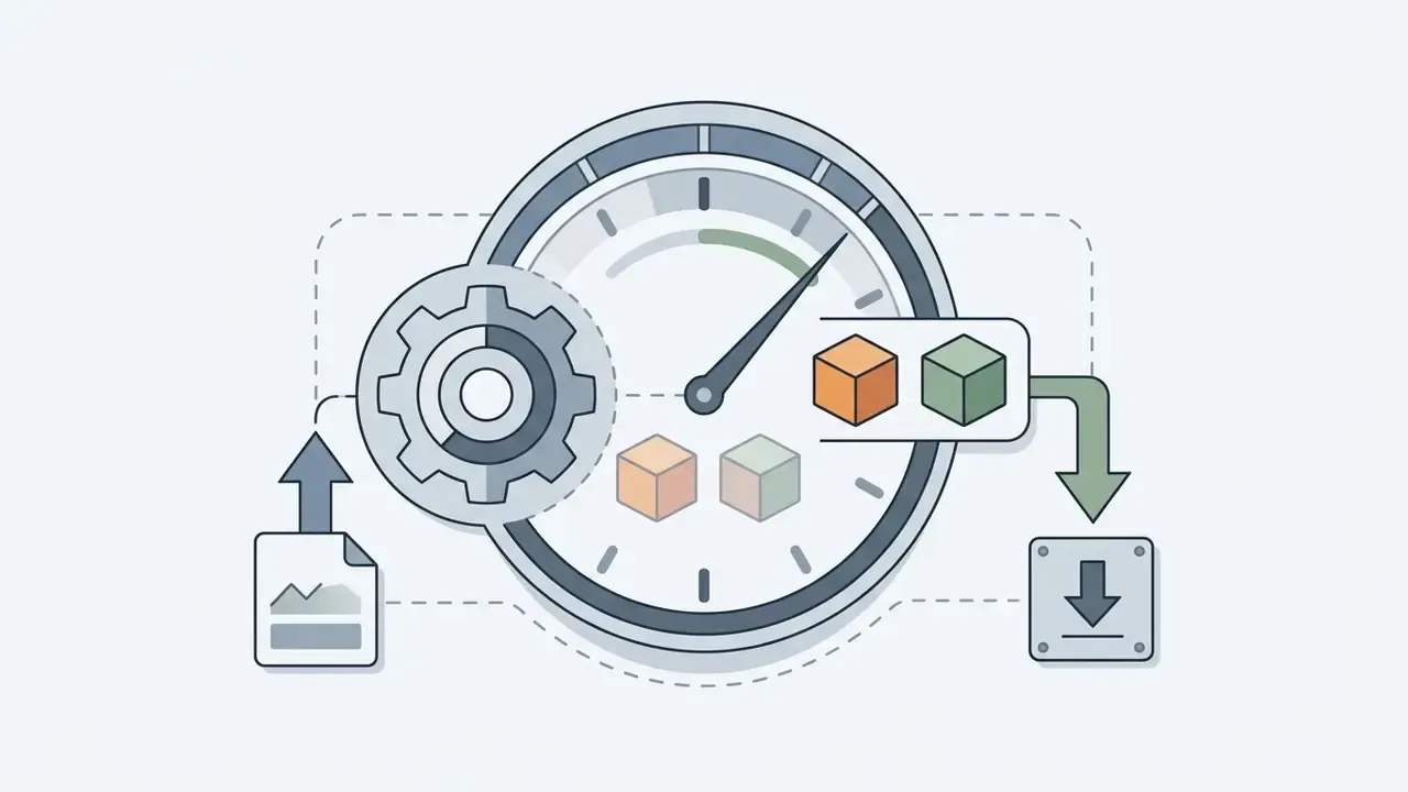 Document icon feeding into a gear and clock mechanism to produce and download AI face generator assets