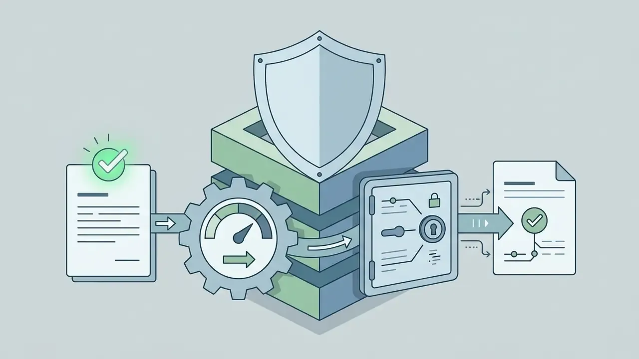 Shield icon over a server block connecting a document to a secure vault and a verified report