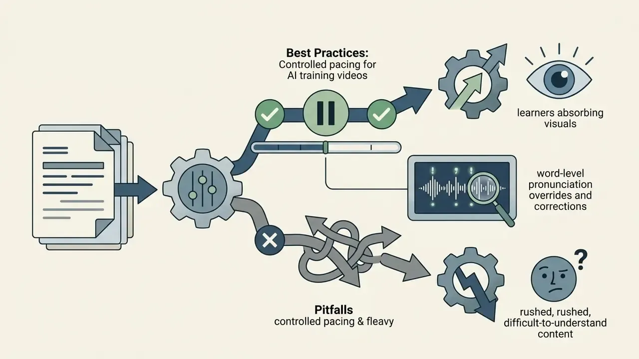 Diagram contrasting effective pacing and pronunciation adjustments against rushed Synthesia AI training content