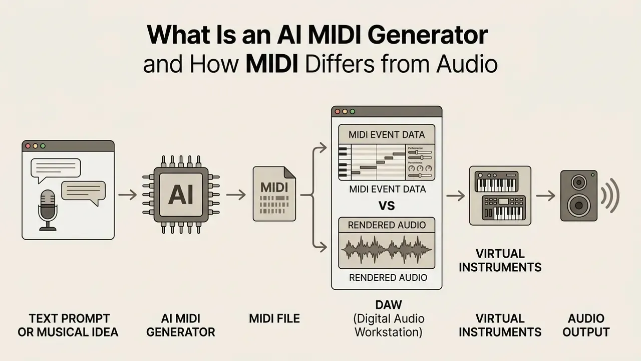 Workflow showing a text prompt processed by an AI MIDI generator into a MIDI file for a DAW and audio output