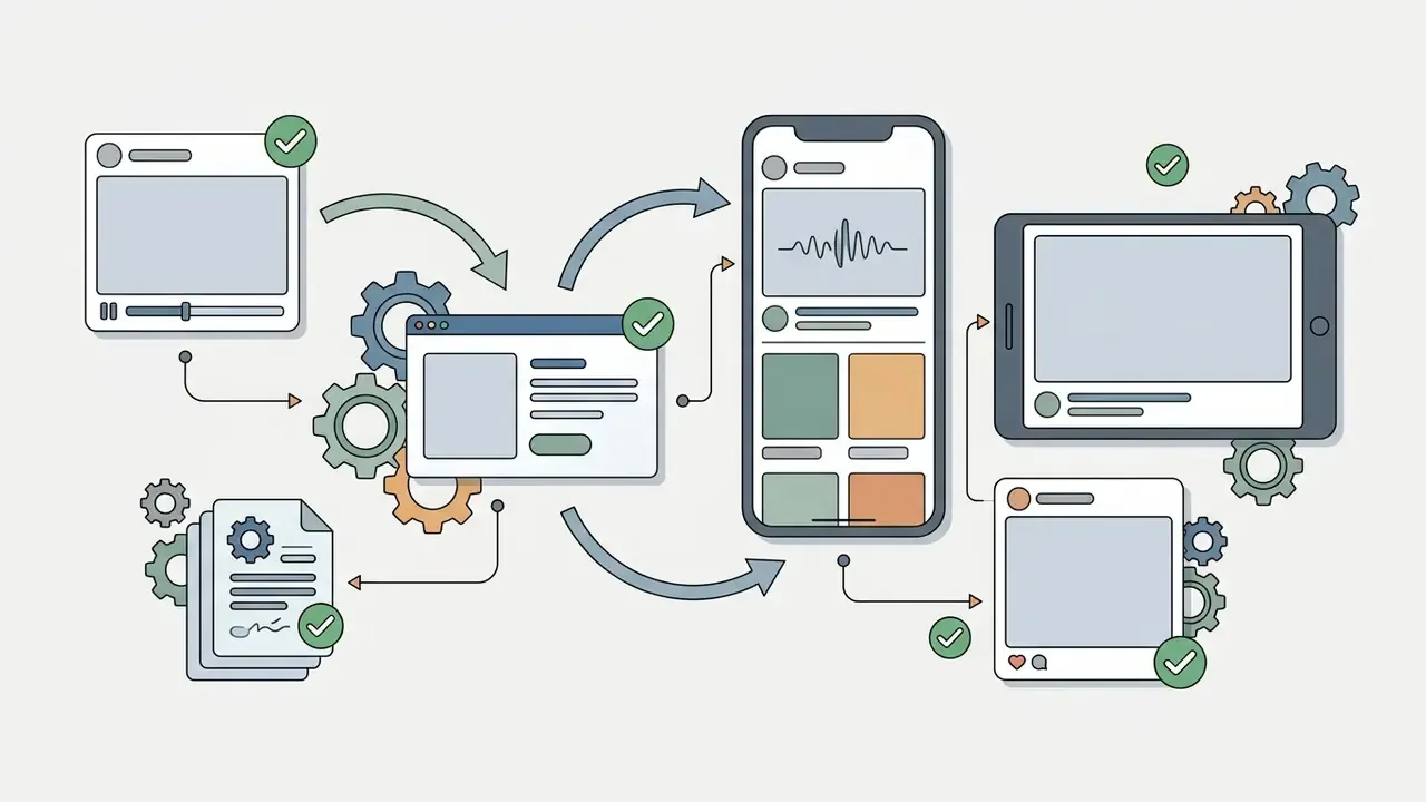 Connected icons showing content production workflow for social media platforms and mobile devices