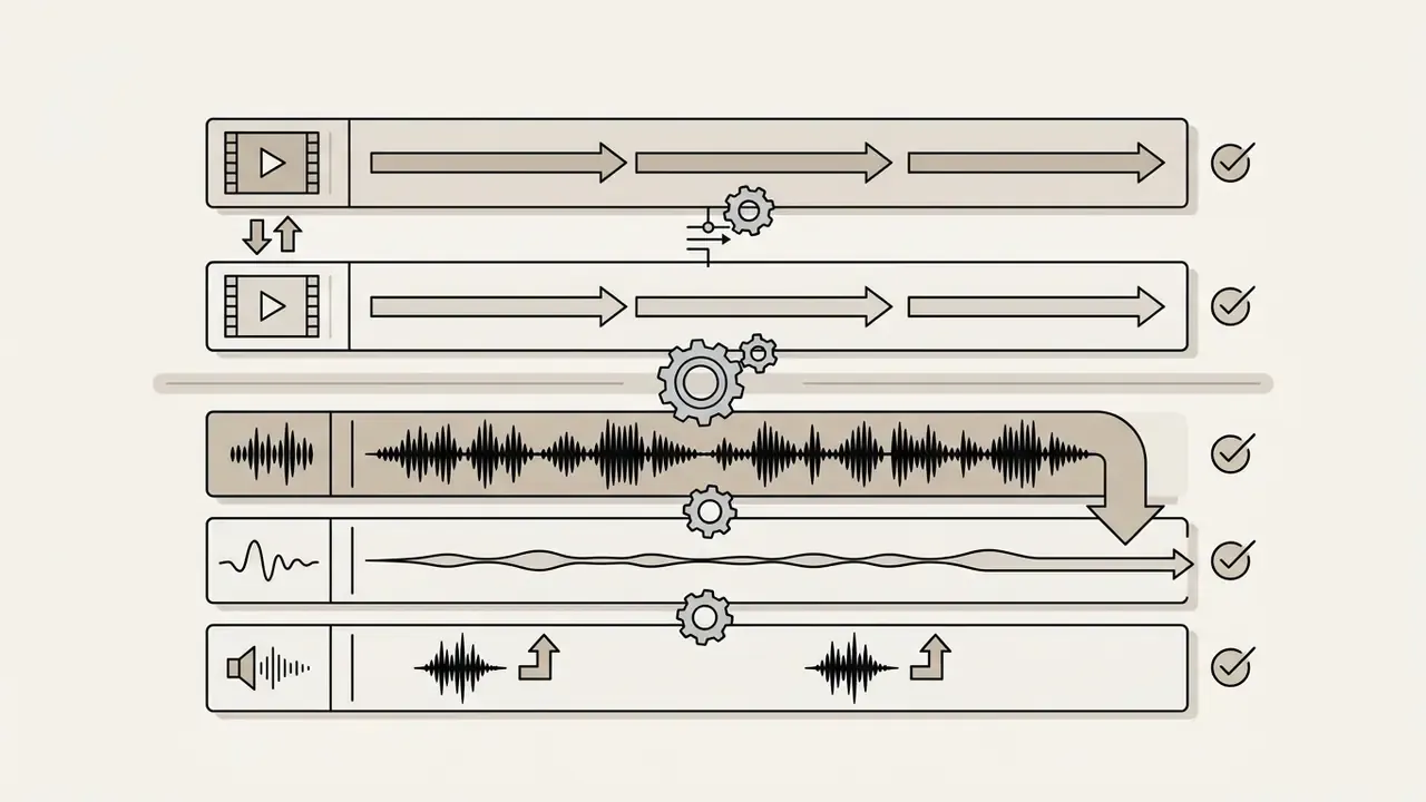 Multiple horizontal tracks representing video and audio layers connected by gear icons in a timeline