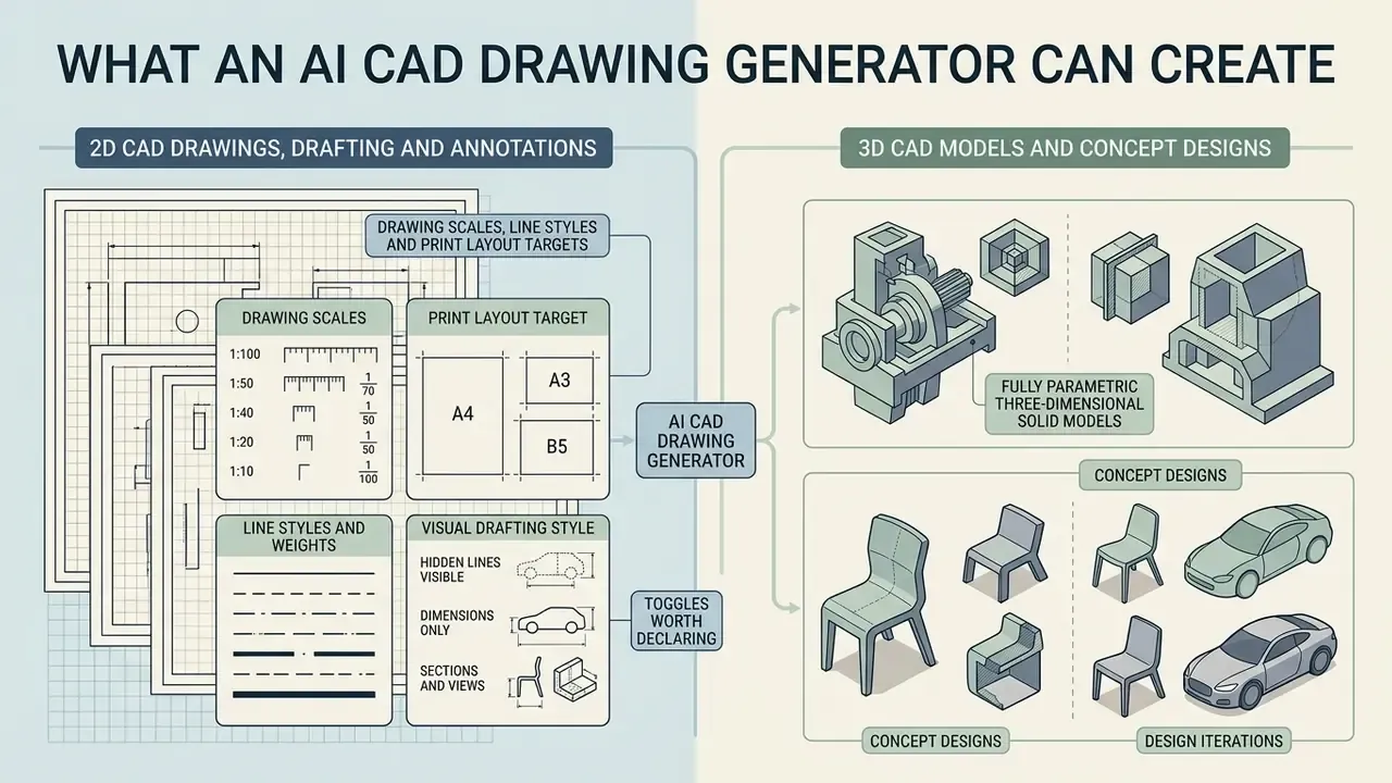 Infographic comparing 2D CAD drafting features with 3D solid modeling and concept design outputs