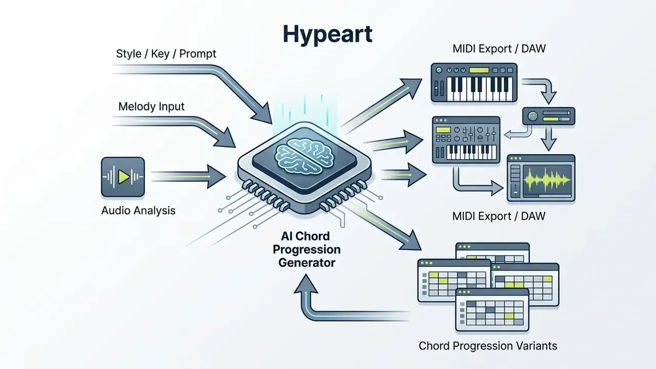 Flowchart showing inputs like style and melody feeding an AI processor to generate MIDI and chord variants