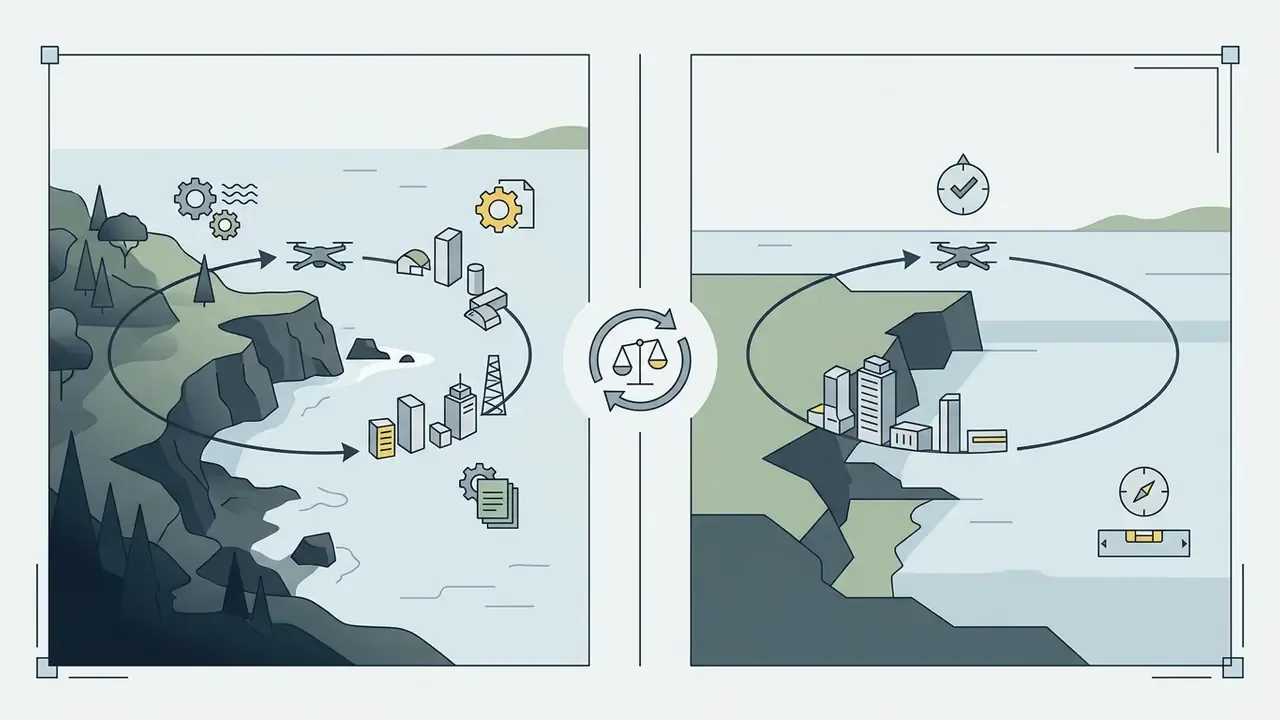 Two panels showing drone flight paths over coastlines with icons for depth, stability, and navigation