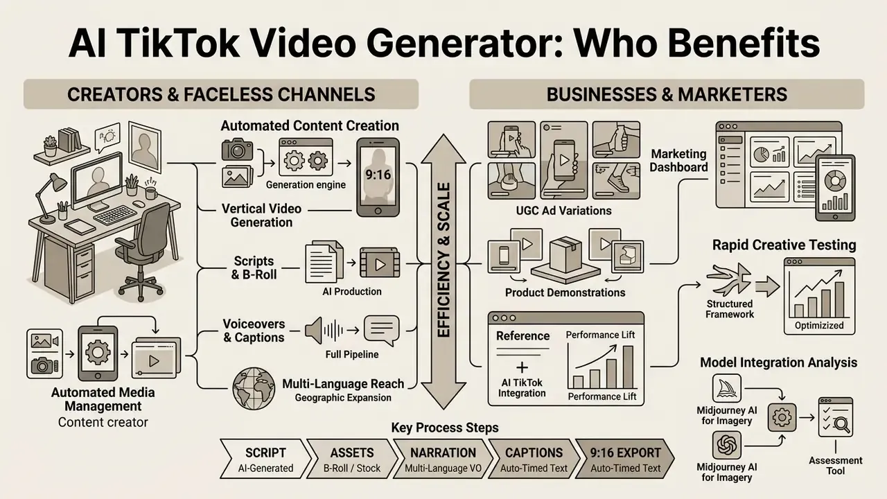 Infographic comparing automated content workflows for independent creators versus business marketing teams