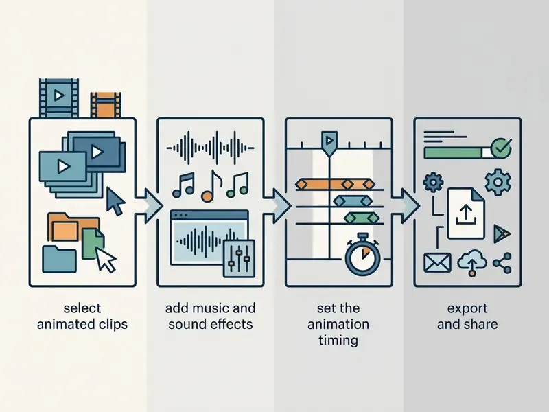 Linear process flow diagram showing stages from selecting clips and audio to timing and final export