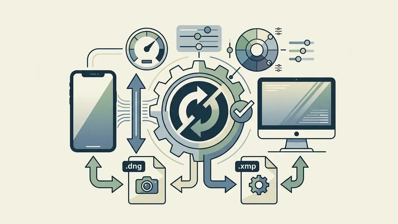 Smartphone and computer connected by a central gear icon representing file and preset synchronization