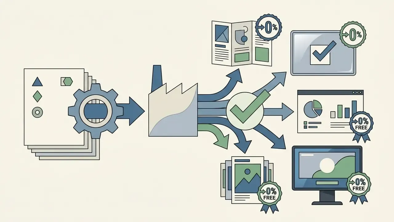 Documents passing through a gear into a factory to produce royalty free marketing and digital assets