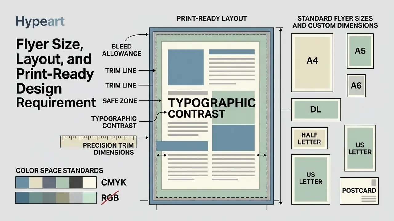 Technical diagram detailing bleed allowances, trim lines, safe zones, and standard paper dimensions