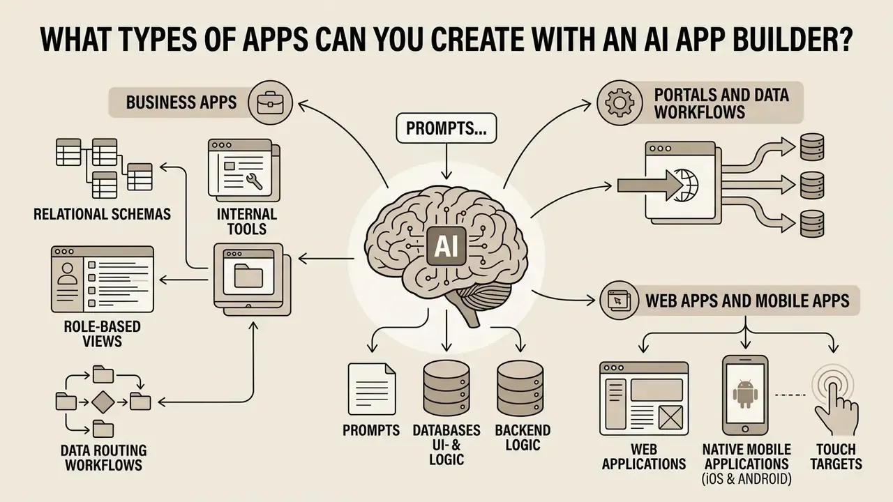 Central AI brain icon branching into various software development outputs like portals and mobile apps