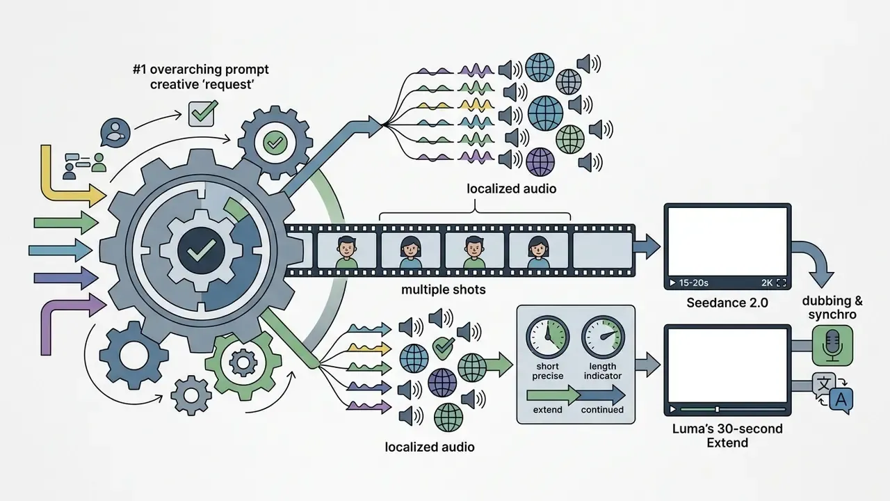 Central gear mechanism processing creative prompts into localized audio, film strips, and video extensions
