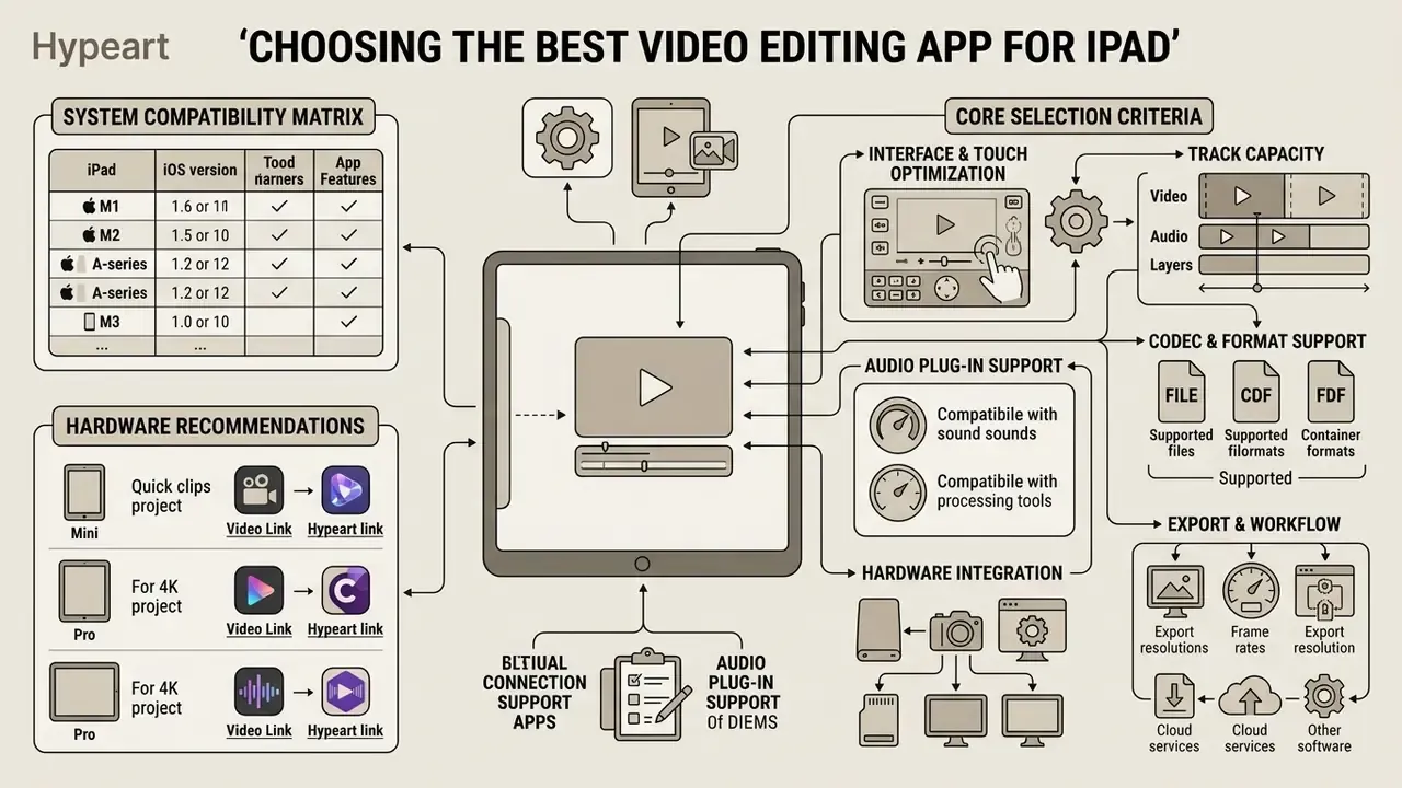 Flowchart detailing technical requirements and hardware integration for choosing an iPad video editor