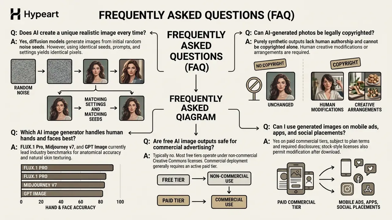 Diagram of frequently asked questions regarding AI image generation copyright, seeds, and commercial use