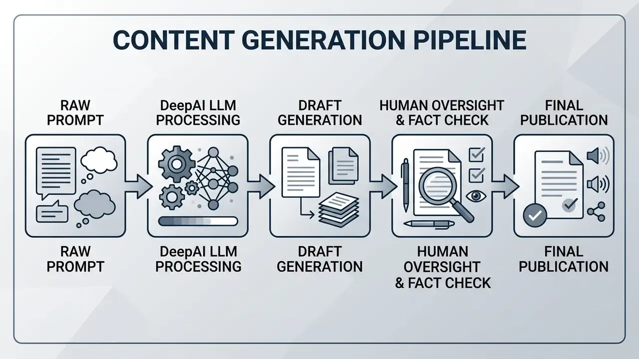Flowchart showing the DeepAI text generator process from raw prompt to final publication