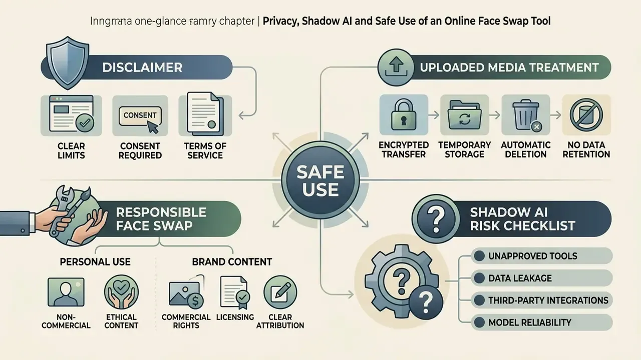 Summary of safe use practices for an online face swap tool including privacy, risk, and compliance steps