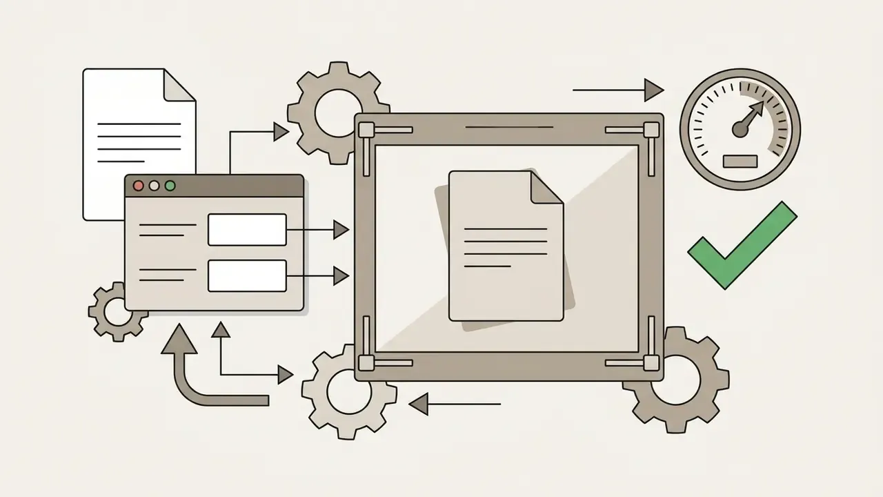 Document being processed through a frame with gears and a gauge indicating successful completion
