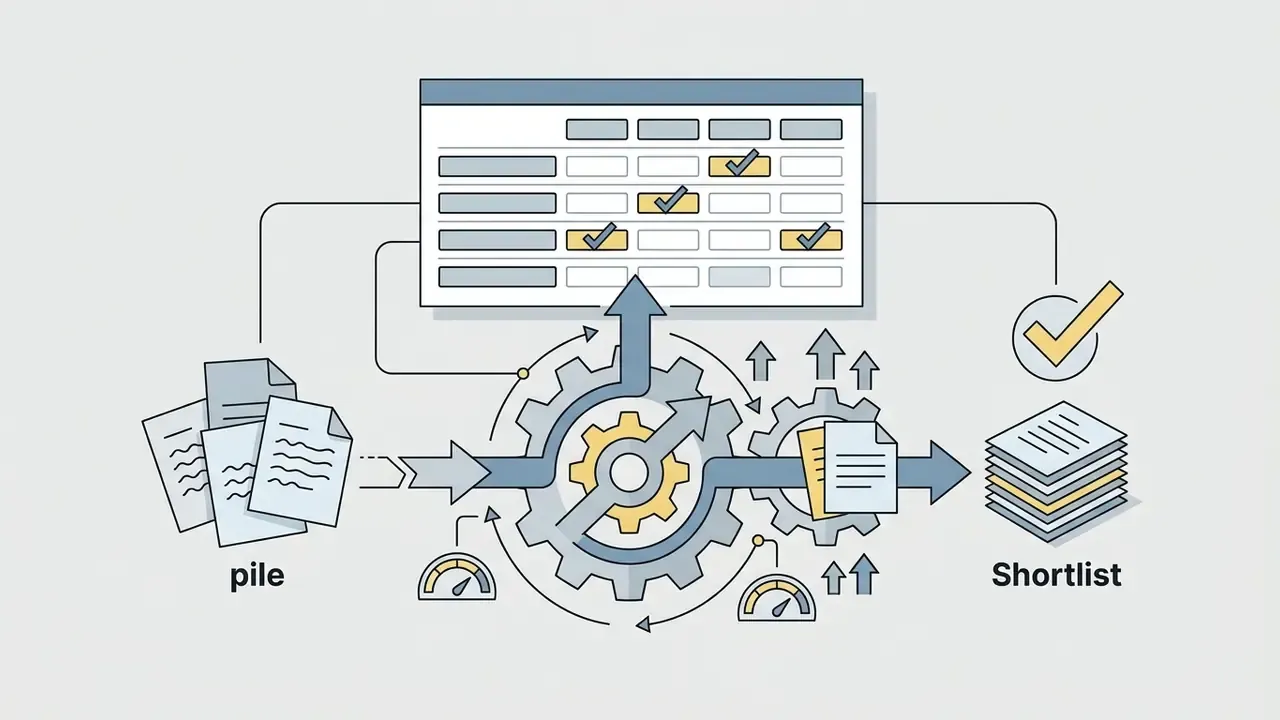 Papers feeding into a gear system that processes items into a checked table and a final shortlist stack
