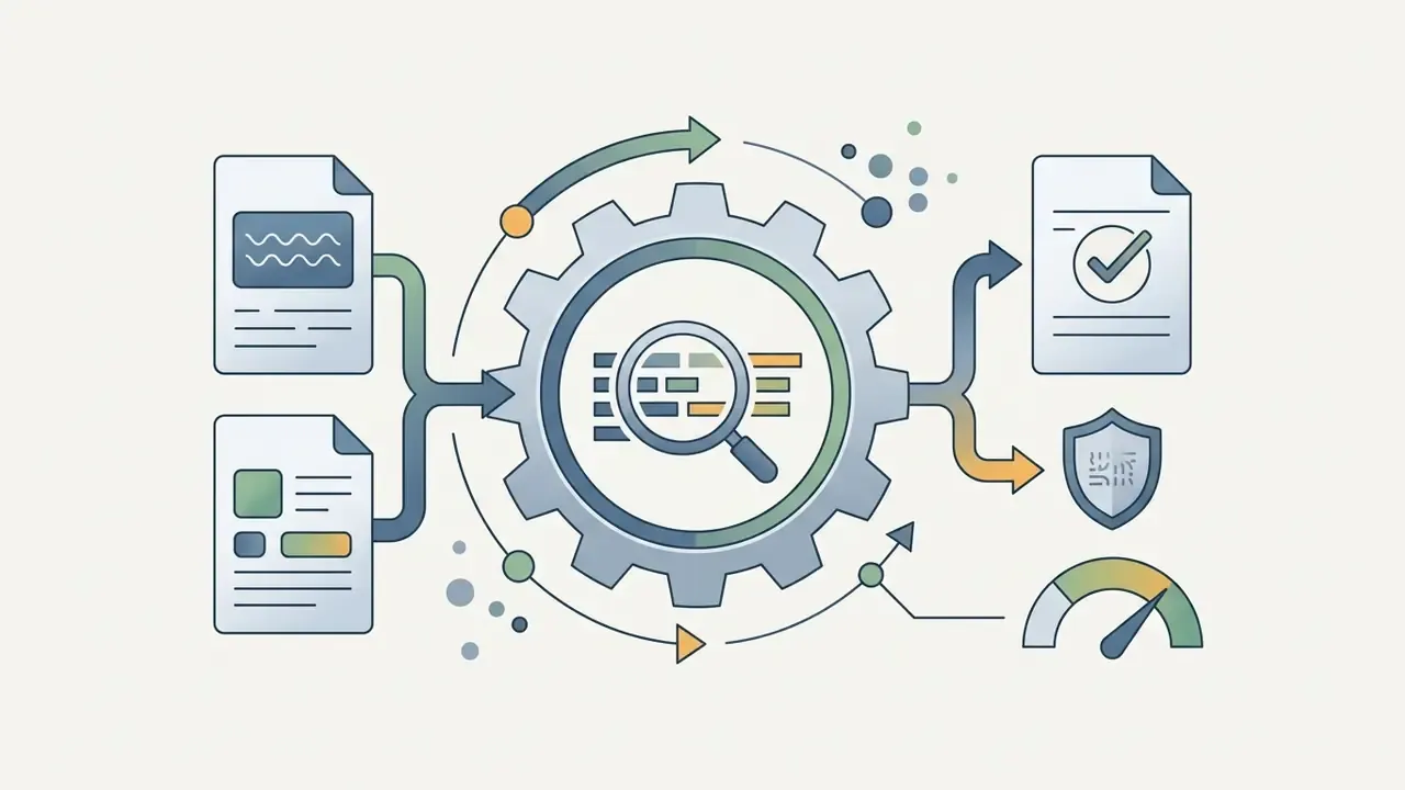 Documents flowing into a central gear with a magnifying glass to produce checked files and compliance icons