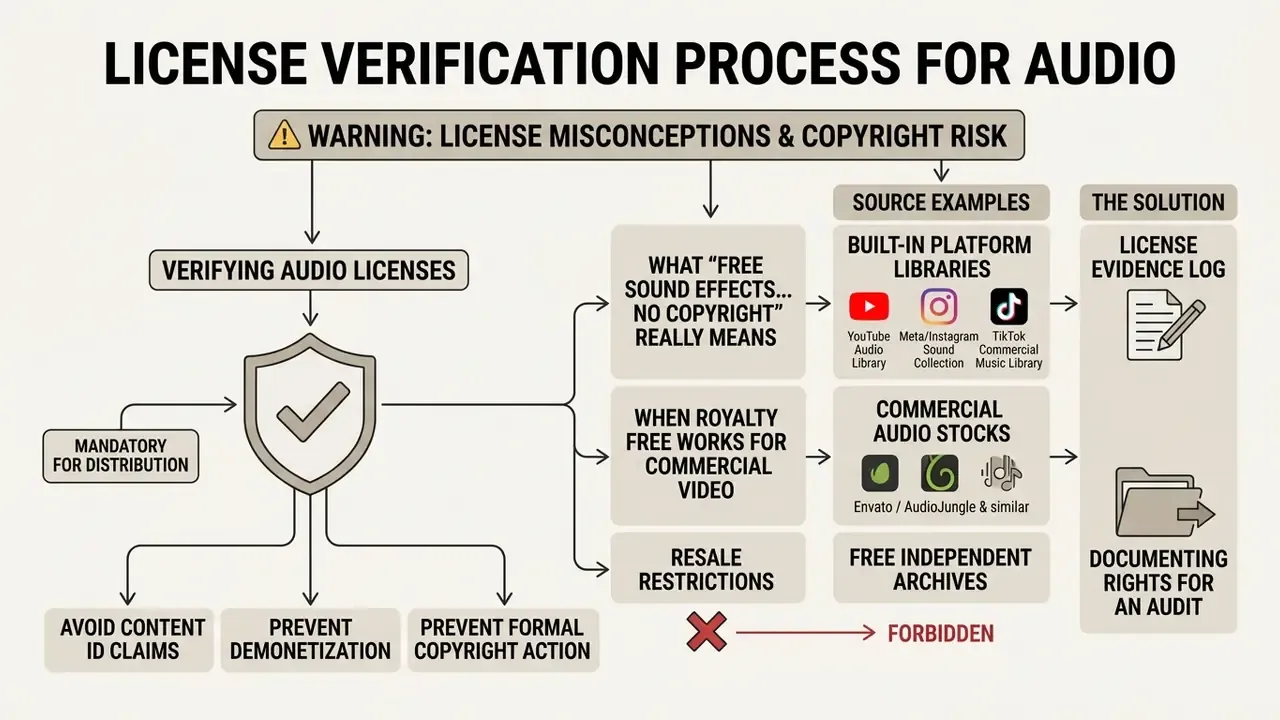 Diagram outlining the steps to verify audio licenses and document rights for free sound effects for video editing