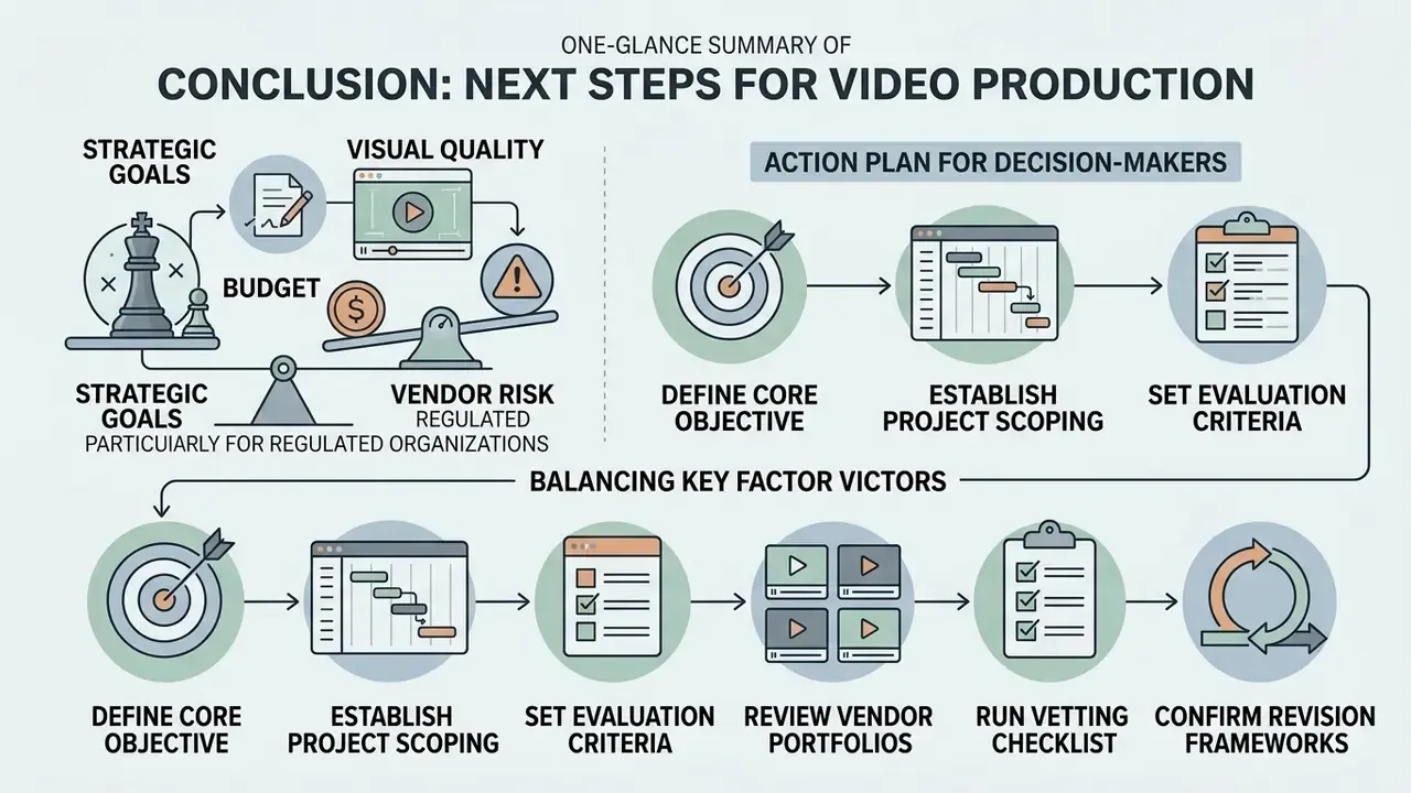 Flowchart balancing production factors and outlining steps for choosing an animated explainer video company