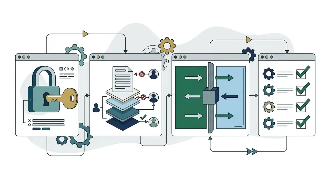 Workflow showing identity authentication, document access control, workspace segregation, and task checks