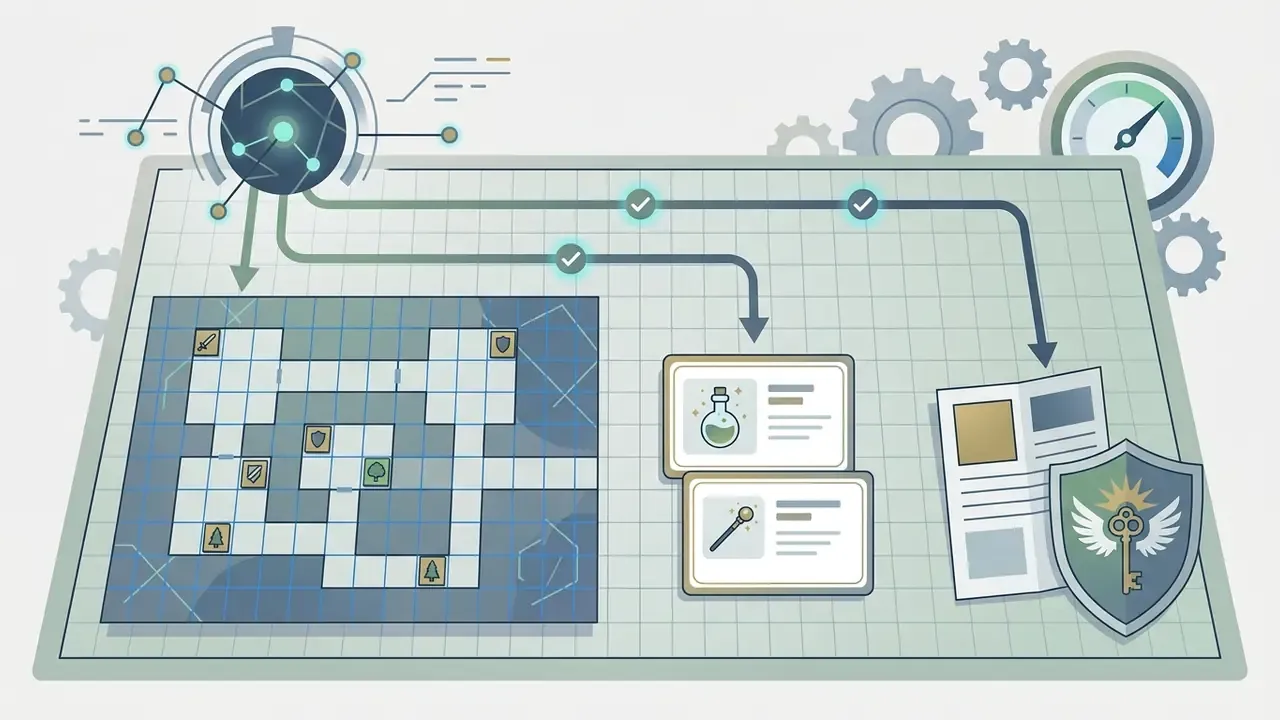 Data hub connecting to a grid battle map, item cards, and a document with a winged key shield