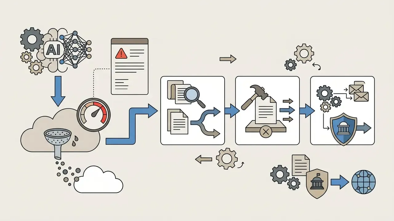Workflow showing AI output assessment leading to infringement review, takedown, and regulatory reporting