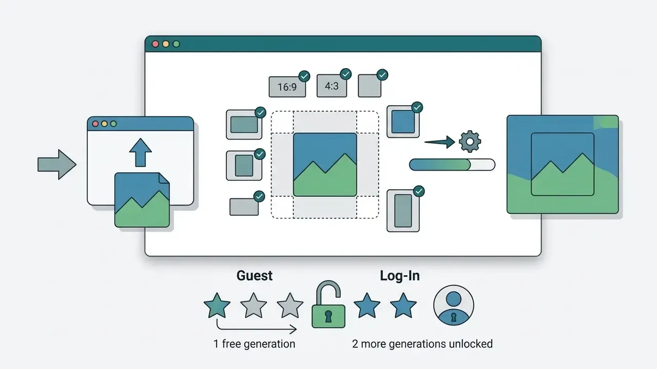 Browser workflow for image expansion showing upload, aspect ratio selection, generation, and login tiers