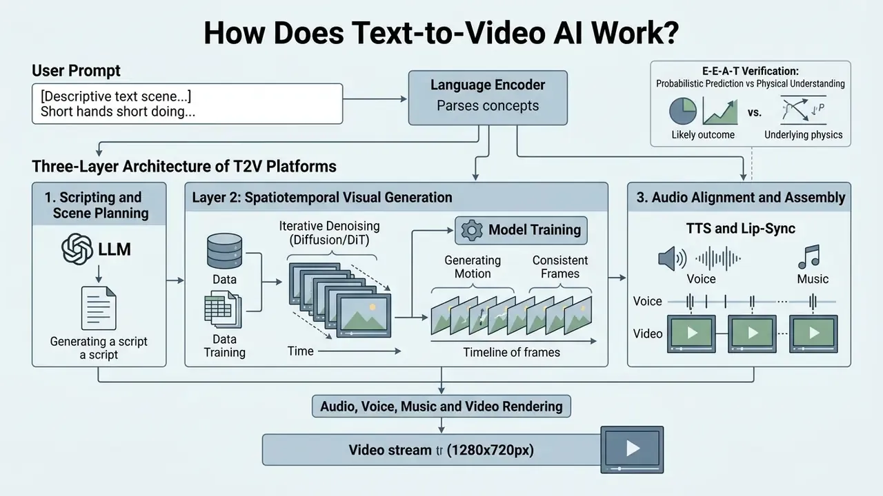 Diagram detailing the three-layer architecture of text-to-video AI generation from prompt to final render