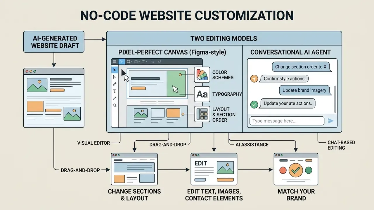 Diagram comparing pixel-perfect canvas and conversational AI agent methods for no-code website customization