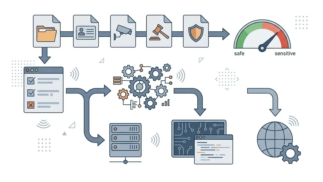 Icons of sensitive documents leading to a risk gauge and branching into server or local processing paths