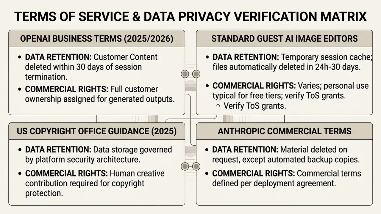 Comparison grid detailing data retention policies and commercial rights for various AI service providers