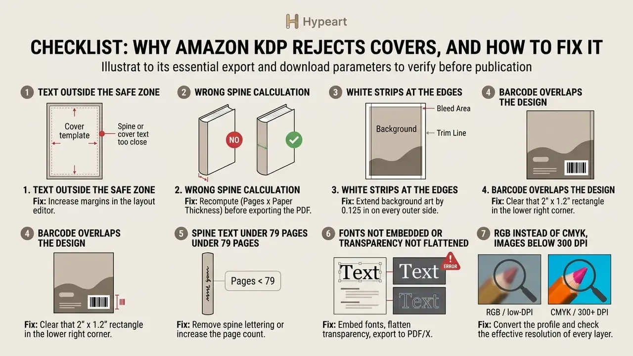 Checklist of common book cover design errors and technical fixes for print production