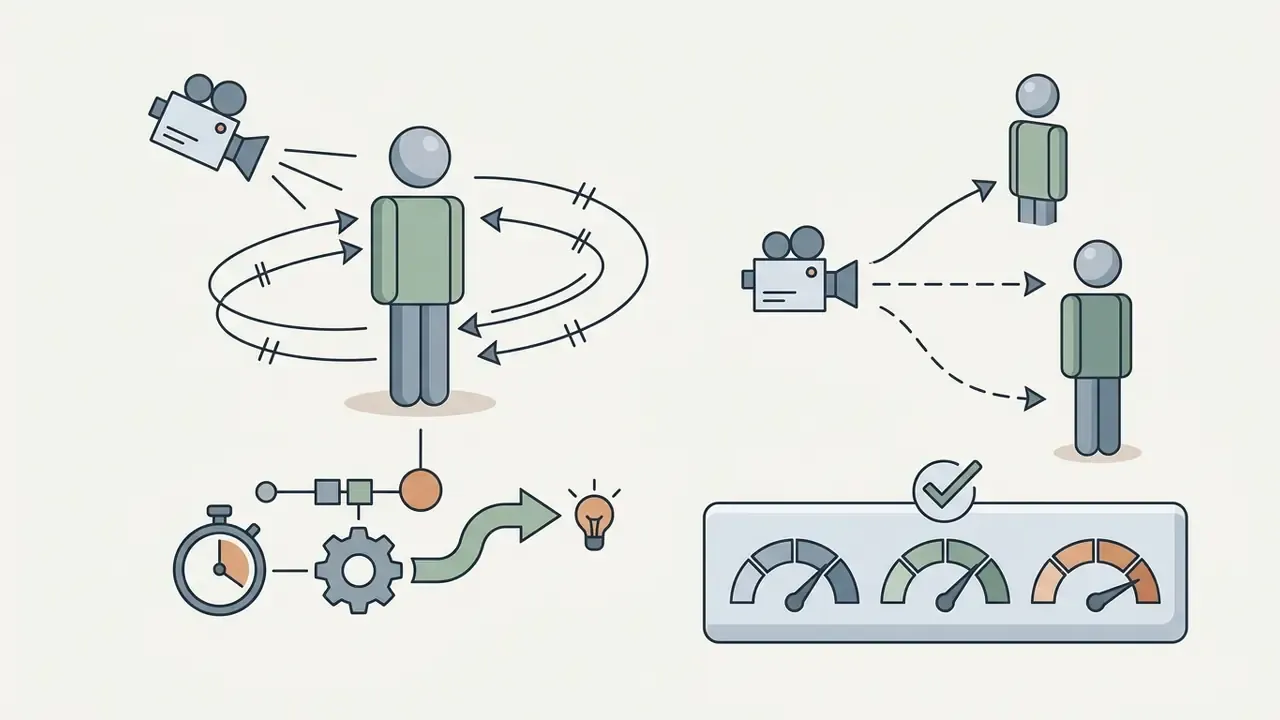 Camera icons showing character rotation and multi-subject framing with speed gauges and process icons