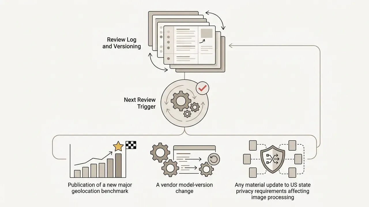 Stacked documents connecting to a central gear system triggered by benchmarks, model updates, and policy