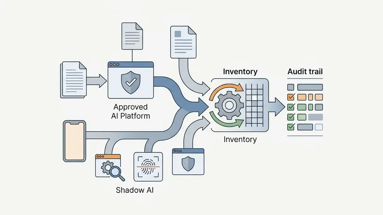 Multiple data sources feeding into a central inventory gear that generates a verified audit trail