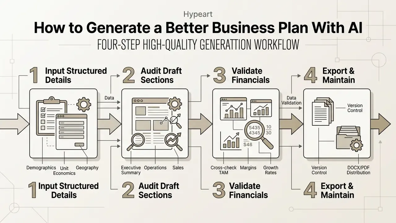 Four-step sequential workflow diagram detailing data input, section auditing, financial validation, and export
