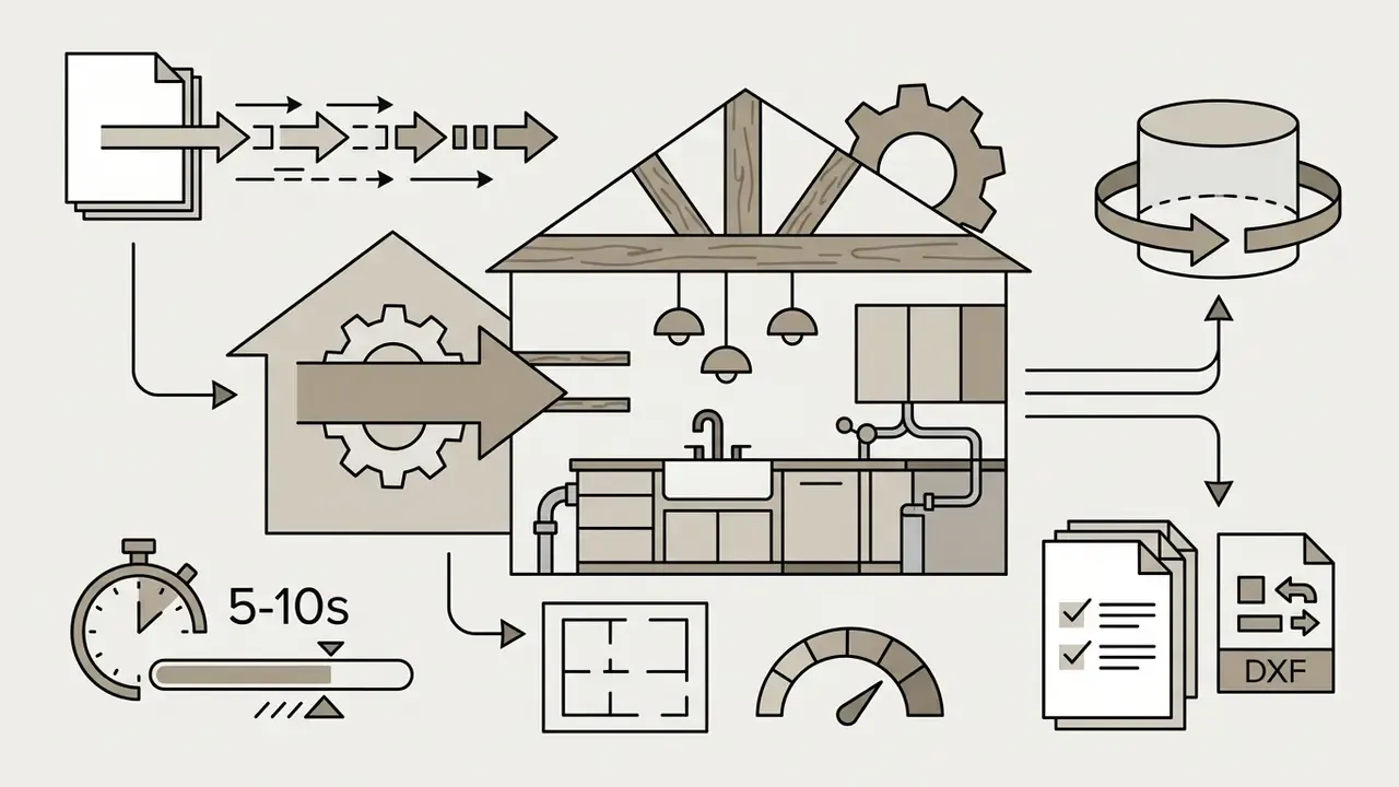 A kitchen interior being processed into 3D models and technical file formats