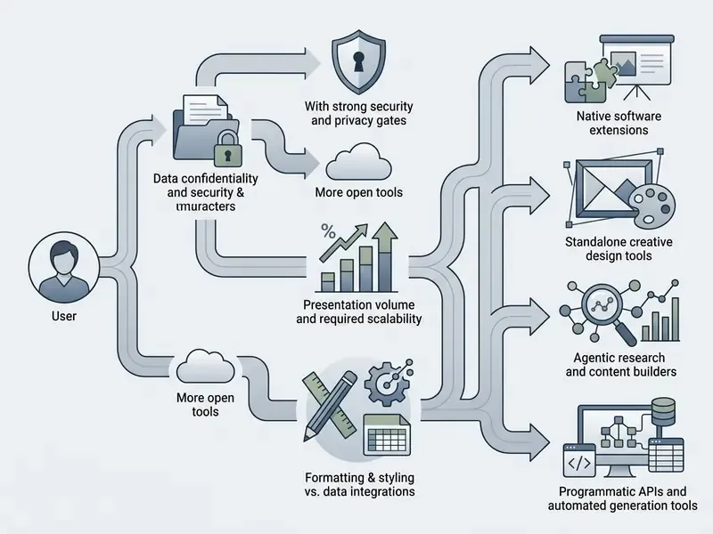 Decision flowchart guiding users to AI presentation generator tools based on privacy and formatting needs