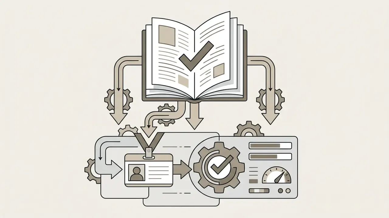 Open book with checkmark feeding into an identity badge and technical dashboard with gears and gauges