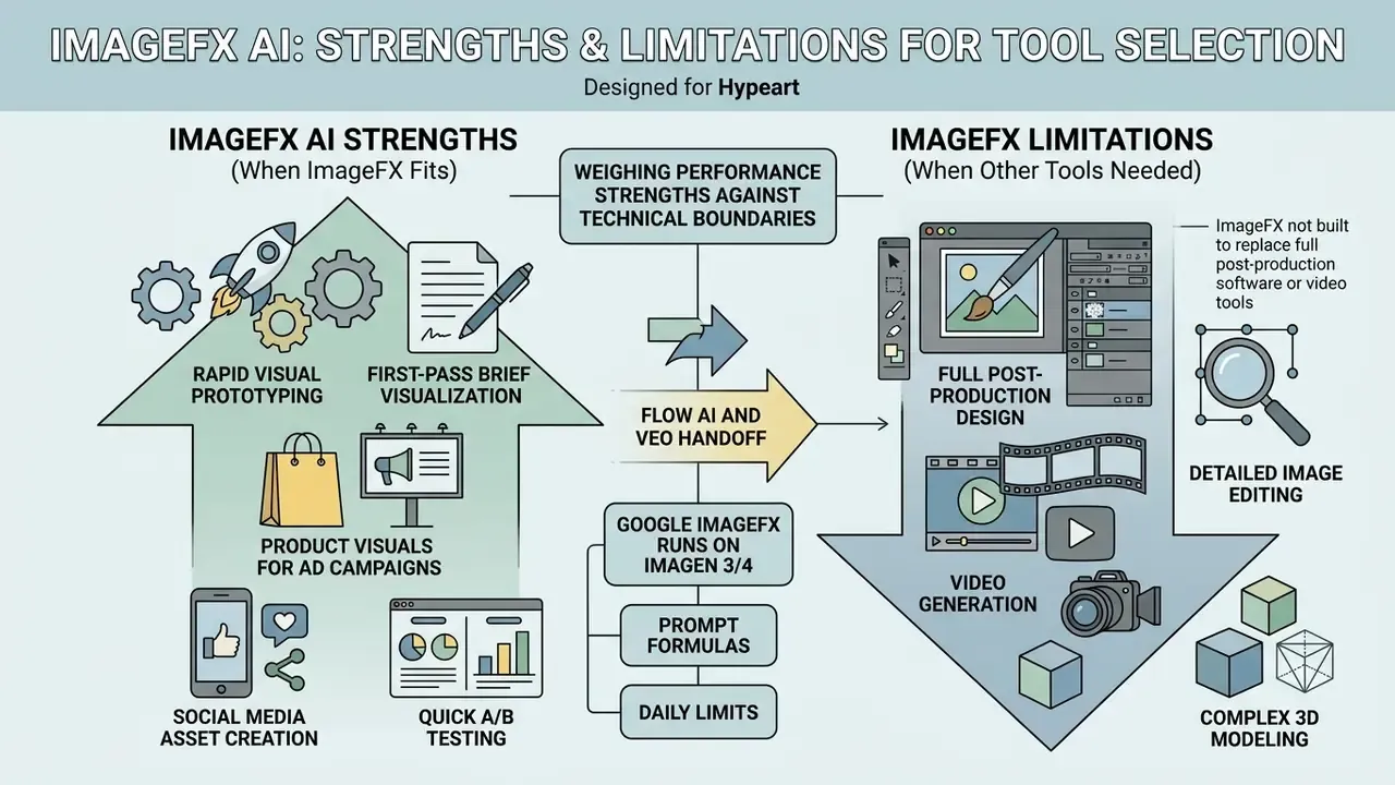 Diagram comparing generative tool strengths for rapid prototyping against limitations in post-production