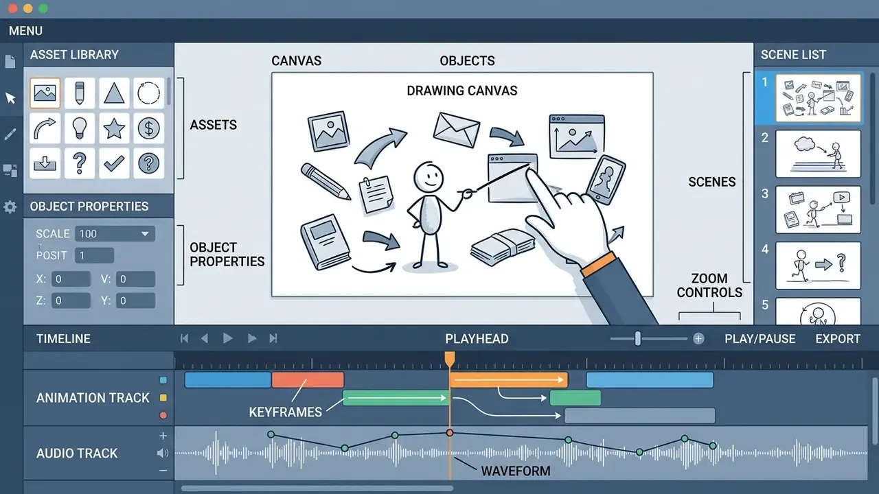 Desktop editor interface showing a central canvas, asset library, scene list, timeline, and audio track
