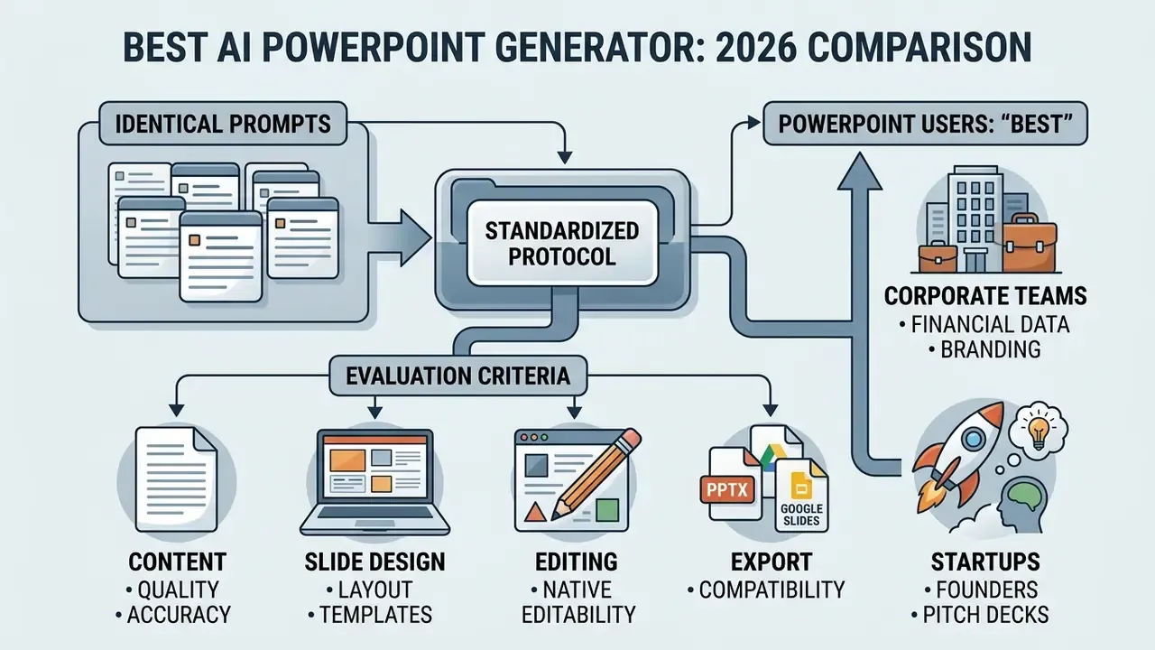 Flowchart illustrating the standardized testing process for evaluating AI PowerPoint generator tools